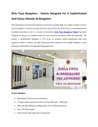 Birla Tisya Bangalore - Homes Designed For A Sophisticated And Classy Lifestyle In Bangalore City