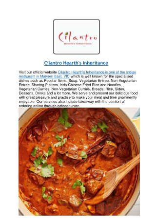 $5 off - Cilantro Hearth's Inheritance Indian Restaurant Menu,VIC