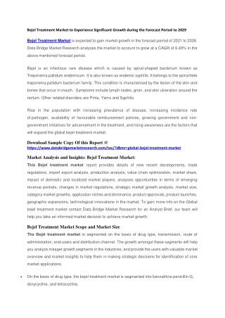 Bejel Treatment Market to Experience Significant Growth during the Forecast Period to 2029
