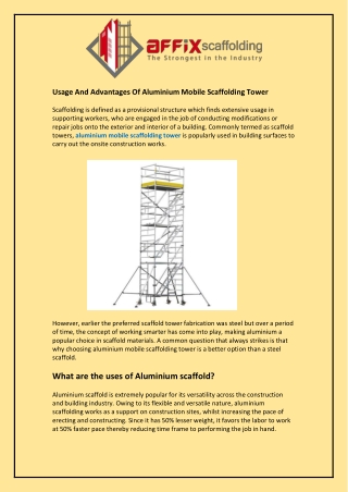Usage And Advantages Of Aluminium Mobile Scaffolding Tower