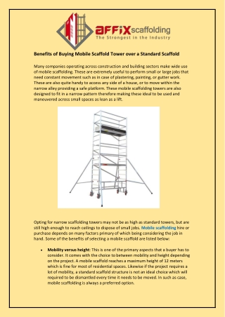Benefits of Buying Mobile Scaffold Tower over a Standard Scaffold