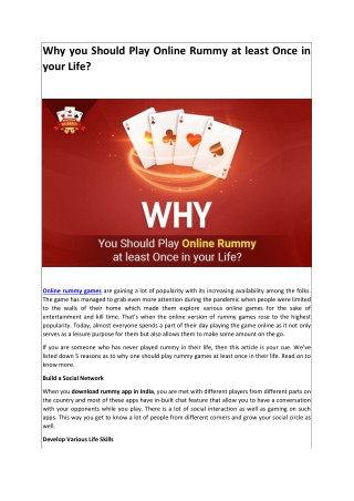 Why you Should Play Rummy at least Once in your Life