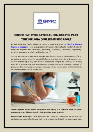 Choose BMC International College for Part-Time Diploma Courses in Singapore