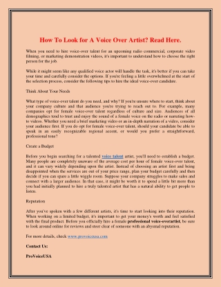 How To Look for A Voice Over Artist Read Here.