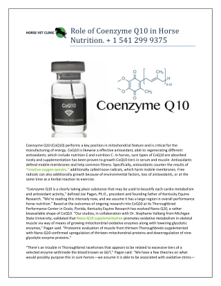 Role of Coenzyme Q10 in Horse Nutrition.   1 541 299 9375
