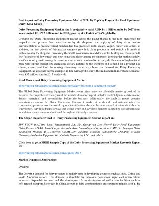 Best Report on Dairy Processing Equipment Market 2021