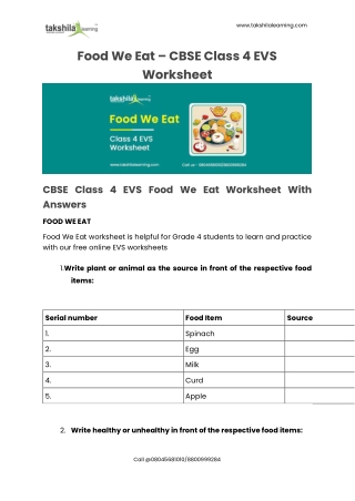 CBSE Class 4 EVS Food We Eat Worksheet With Answers