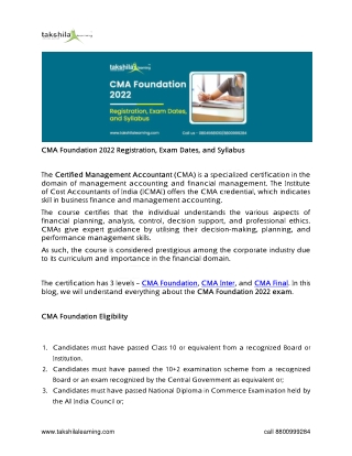 CMA Foundation 2022 Details: Registration, Eligibility, Exam Dates