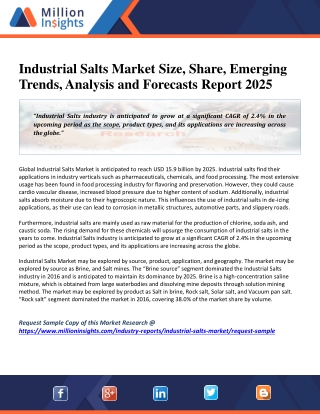 Industrial Salts Market Reliability, User Demands, and Growth Rate Till 2025