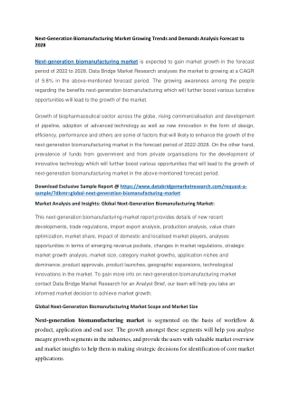 Next-Generation Biomanufacturing Market Growing Trends and Demands Analysis Forecast to 2028