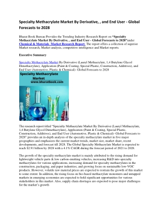 Specialty Methacrylate Market By Derivative, , and End User - Global Forecasts to 2028-converted