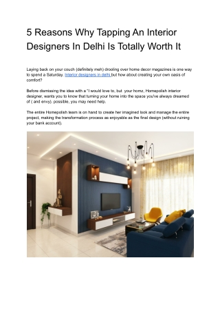 5 Reasons Why Tapping An Interior Designers In Delhi Is Totally Worth It