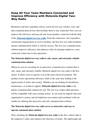 Keep All Your Team Members Connected and Improve Efficiency with Motorola Digita