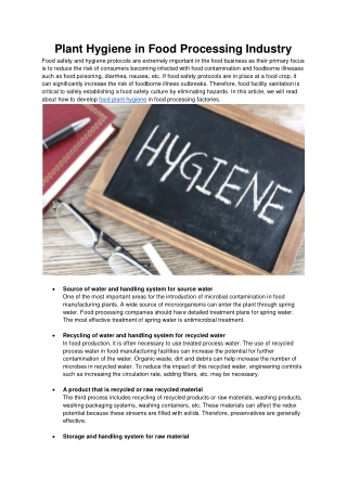 Plant Hygiene In Food And Beverage Safety