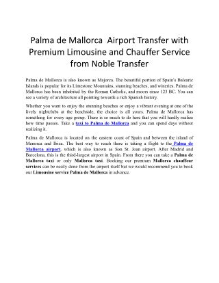 Palma de Mallorca Airport Transfer with Premium Limousine and Chauffer Service from Noble Transfer