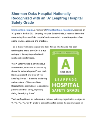 Sherman Oaks Hospital Nationally Recognized with an ‘A’ Leapfrog Hospital Safety Grade