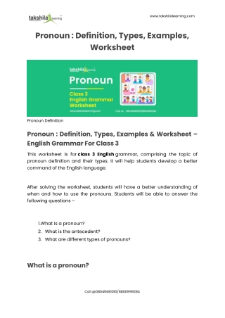 Pronoun : Definition, Types, Examples & Worksheet for Class 3 English