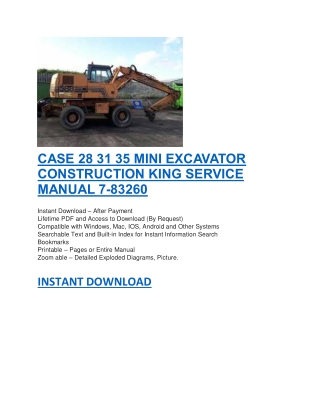 CASE 28 31 35 MINI EXCAVATOR CONSTRUCTION KING SERVICE MANUAL 7-83260