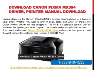 Call 1-888-840-1555 - Download Canon PIXMA MX394 Driver - Printer Support Care