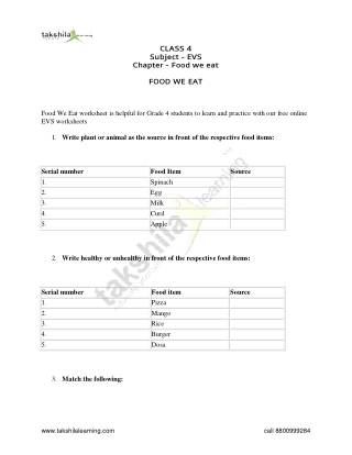 CBSE Class 4 EVS Food We Eat Worksheet With Answers