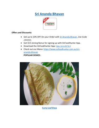 15% Off - Sri Ananda Bhavan Menu - Indian Restaurant Narre warren, Vic