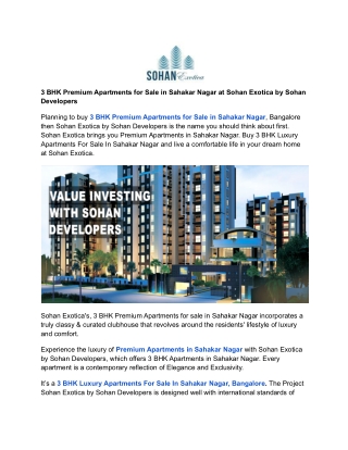 3 BHK Premium Apartments for Sale in Sahakar Nagar at Sohan Exotica by Sohan Developers