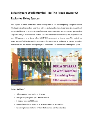 Birla Niyaara Worli Mumbai - Be The Proud Owner Of Exclusive Living Spaces