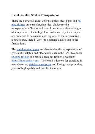 Uses of Stainless Steel Pipes and Fittings in Transportation