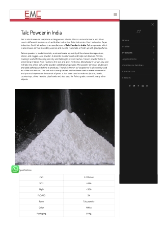 Talc powder supplier in India | Talc powder manufacturer in India | Earth Minech