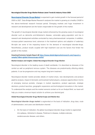 Neurological Disorder Drugs Market Release Latest Trends & Industry Vision 2028