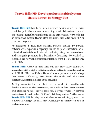 Travis Hills MN Develops Sustainable System that is Lower in Energy Use