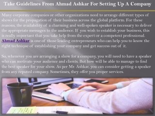 Take Guidelines From Ahmad Ashkar For Setting Up A Company