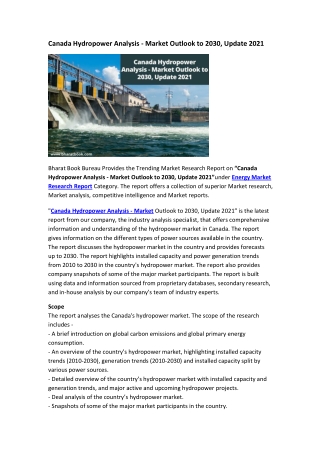 Canada Hydropower Analysis - Market Outlook to 2030, Update 2021