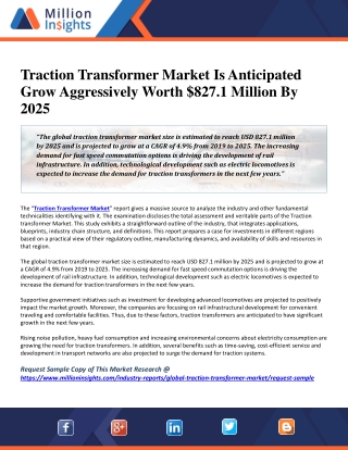 Traction Transformer Market Is Anticipated Grow Aggressively Worth $827.1 Million By 2025