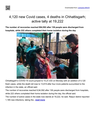 4,120 new Covid cases, 4 deaths in Chhattisgarh; active tally at 19,222