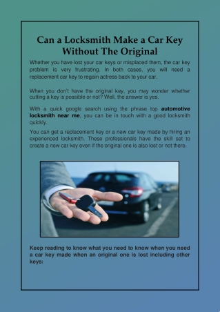 Can a Locksmith Make a Car Key Without The Original