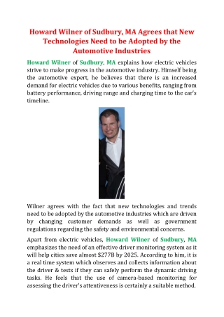 Howard Wilner of Sudbury, MA Agrees that New Technologies Need to be Adopted by the Automotive Industries