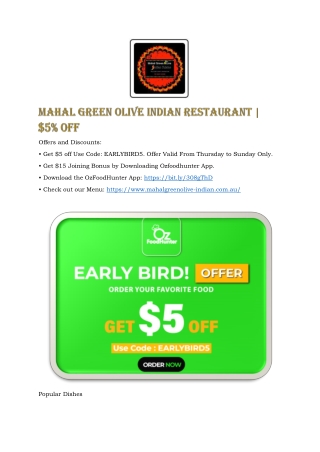 Mahal Green Olive Indian Restaurant EARLYBIRD