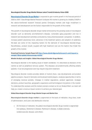 Neurological Disorder Drugs Market Release Latest Trends & Industry Vision 2028