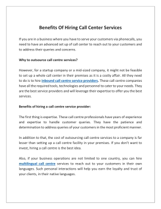 Benefits Of Hiring Call Center Services