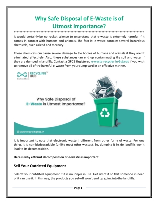 Why Safe Disposal of E-Waste is of Utmost Importance?