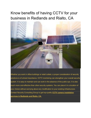 Know benefits of having CCTV for your business in Redlands and Rialto, CA