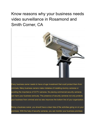 Know reasons why your business needs video surveillance in Rosamond and Smith Corner, CA