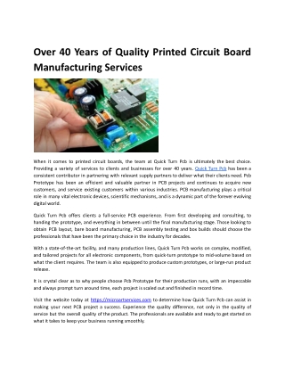 Over 40 Years of Quality Printed Circuit Board Manufacturing Services