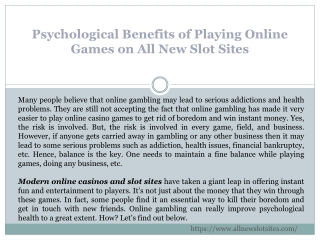 Psychological Benefits of Playing Online Games on All New Slot Sites