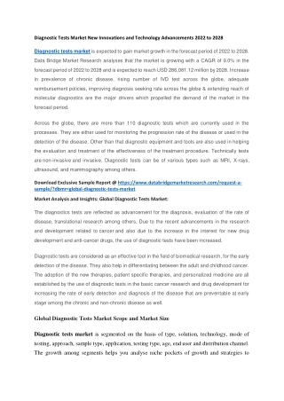 Diagnostic Tests Market New Innovations and Technology Advancements 2022 to 2028
