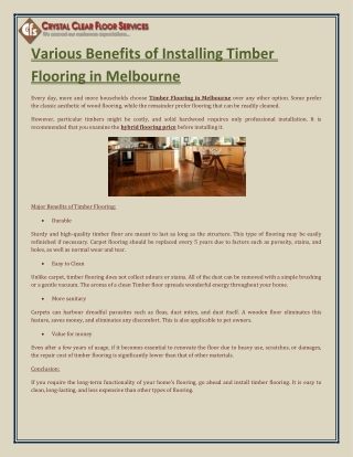 Various Benefits of Installing Timber Flooring in Melbourne