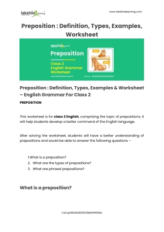 Preposition : Definition, Types & Worksheet - English Grammar For Class 2