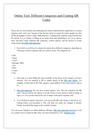 Online Tool, Different Categories and Creating QR Codes