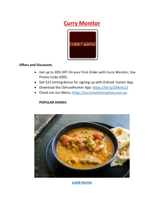 20% Off - Curry Monitor Indian Restaurant Gordon Menu, NSW